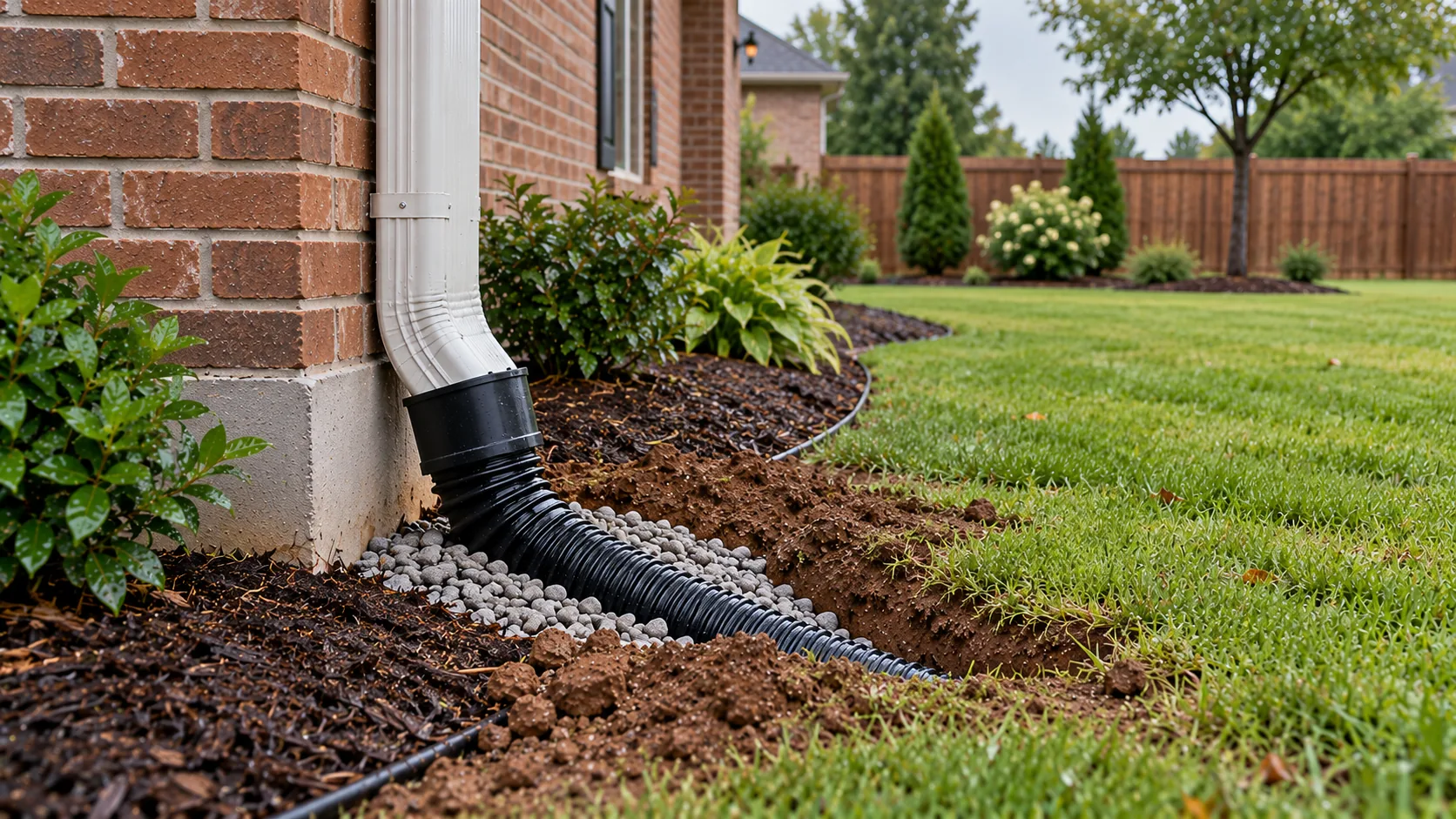 White downspout feeding a black corrugated pipe on gravel in a shallow trench beside a brick house and a trimmed lawn, downspout drainage in Tulsa
