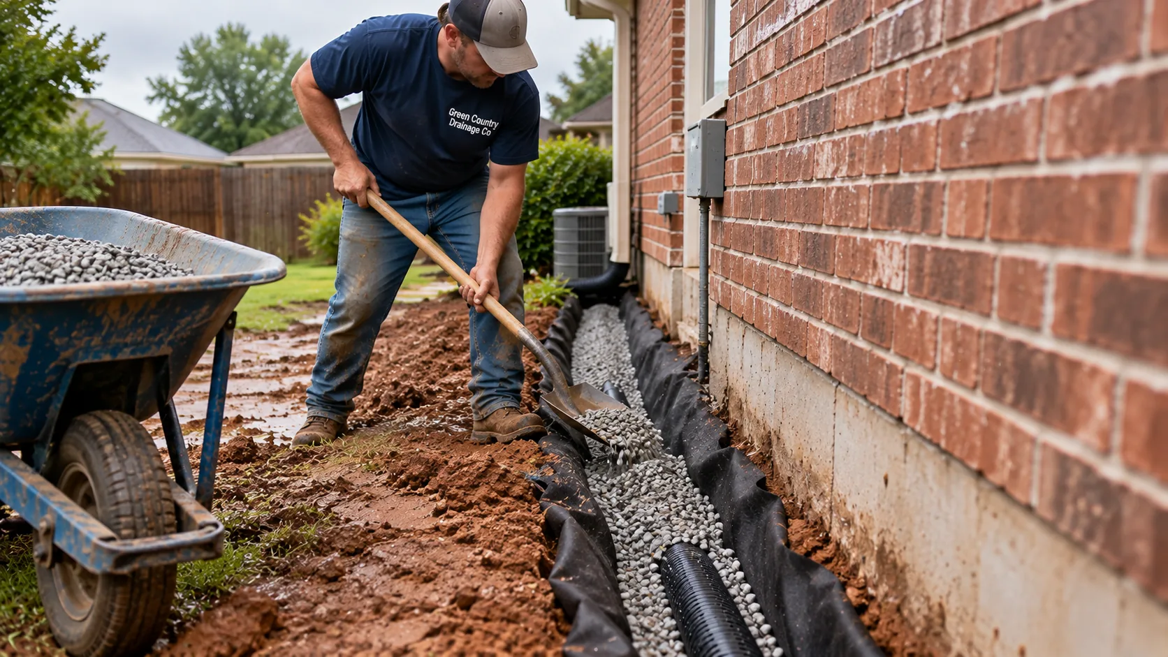 Worker shoveling gravel into a fabric lined trench along the brick foundation wall of a house, foundation drain in Tulsa