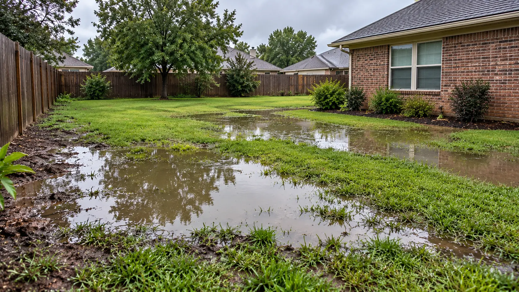 Puddles of rainwater standing across a backyard lawn beside a brick house and wood privacy fence, yard drainage in Tulsa